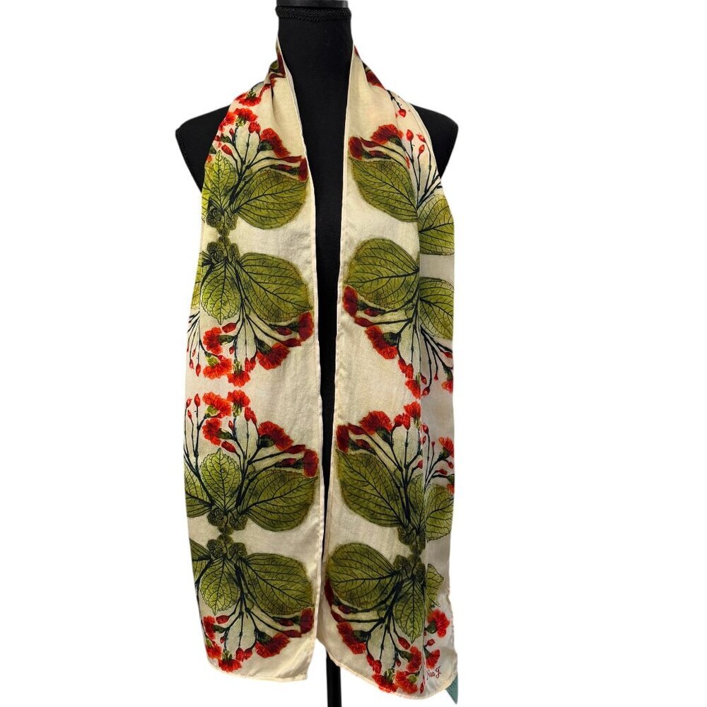 NWT NINA J Design Studios Scarlet Carnations 100% Silk Scarf - Picture 2 of 8
